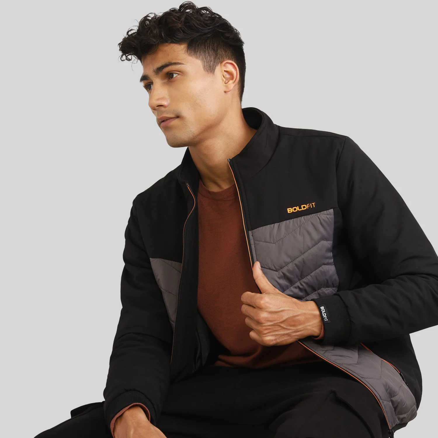 Mens Winter Bomber Jacket - Black/Grey without Cap - Image 5