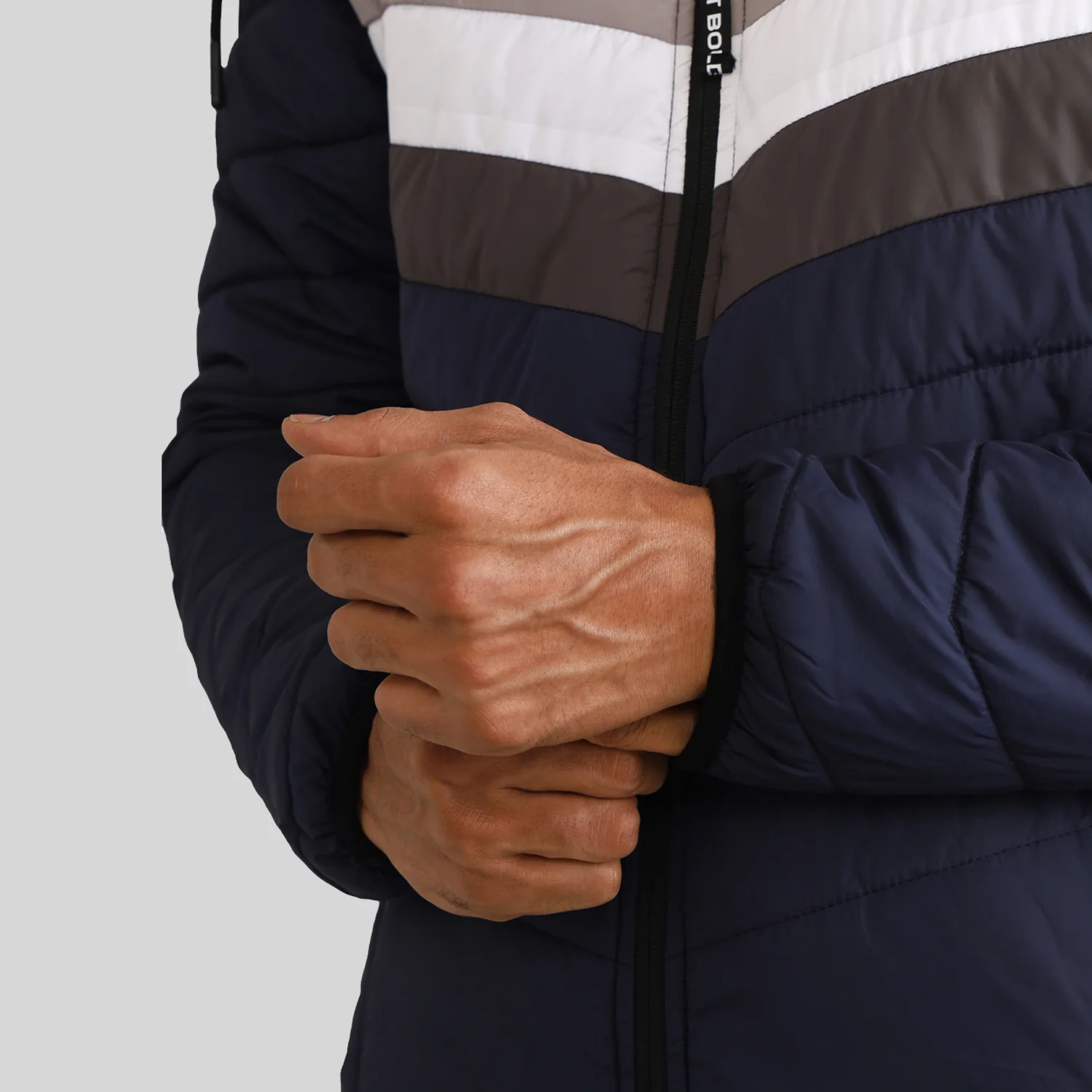 Mens Winter Bomber Jacket with Detachable Cap - Blue/White - Image 3